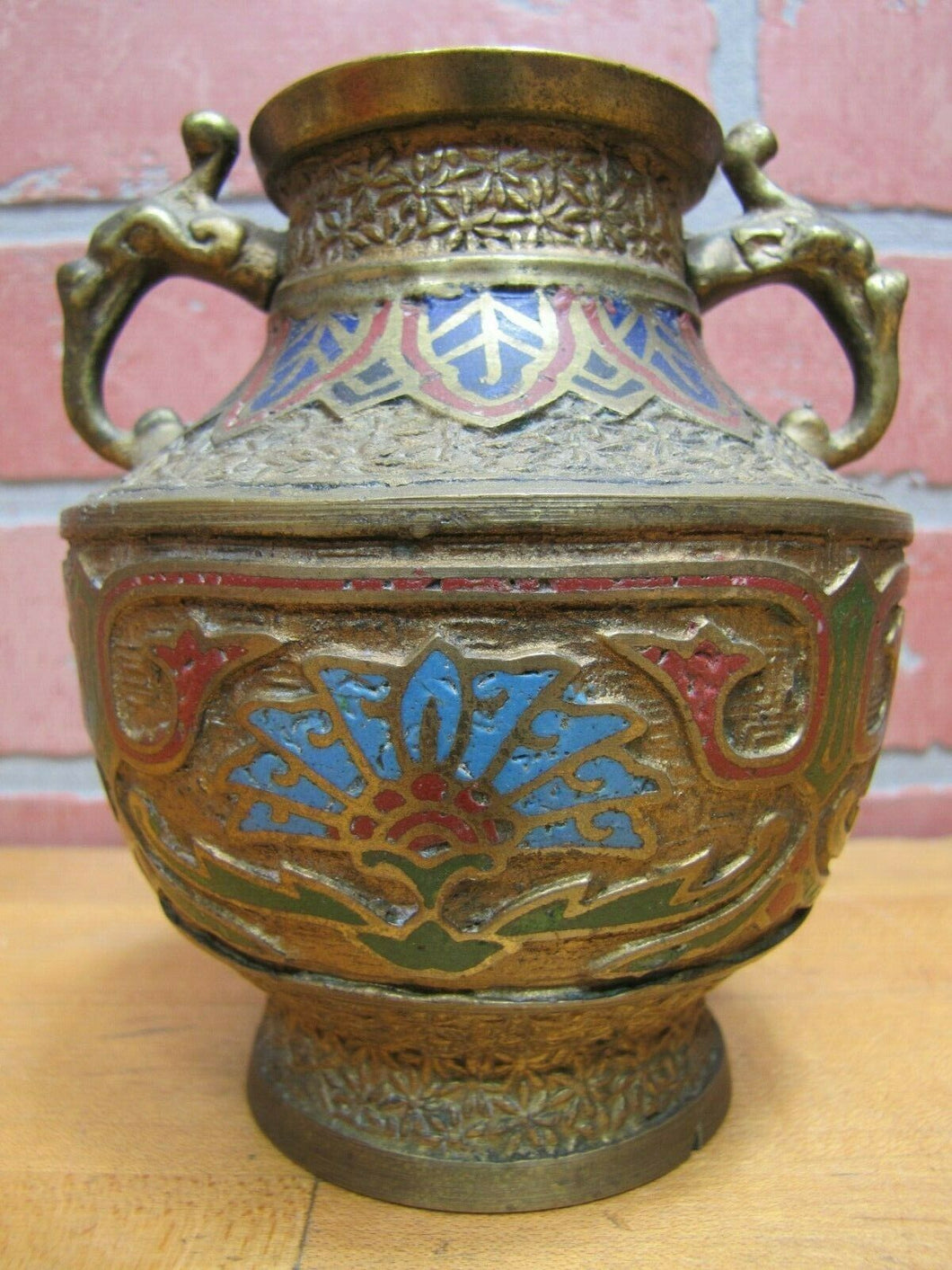 Old Brass Enamel Japanese Vase with Handles Multi Color Decorated Raised Design