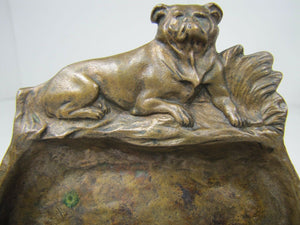 Antique Bronze Bulldog Tray Ashtray ornate old high relief card tip trinket