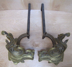 Old Andirons Brass Bronze Cast Iron Decorative Art Fire Dogs Fireplace Tools
