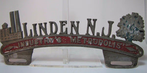 Old LINDEN NJ -Industry's Metropolis- Figural License Plate Topper New Jersey