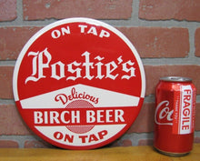 Load image into Gallery viewer, POSTIE&#39;S BIRCH BEER Original Old Button Sign DELICIOUS ON TAP Soda Drink Ad
