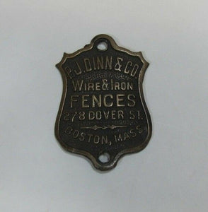 PJ DINN & Co WIRE & IRON FENCES BOSTON MASS Antique Bronze Brass Nameplate Sign