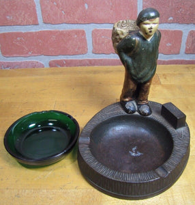 Antique Cast Iron Hubley Boy with Sack Decorative Art Ashtray Match Holder Tray