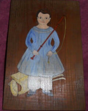 Load image into Gallery viewer, Folk Art Painting BOY WITH TOY CART on Plank 19c depiction LINDA BROOK BAXTER
