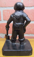 Load image into Gallery viewer, Old Cast Iron FOUNDRY WORKER COAL MINER Figural Doorstop Hat Goggles Shovel
