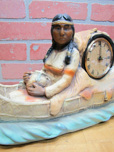 Old Chalkware Native American Indians Canoe Clock Decorative Arts Statue Large