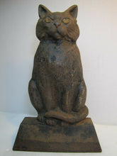 Load image into Gallery viewer, Antique Cast Iron Black Cat Doorstop large heavy old ornate details scary stare

