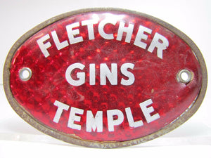FLETCHER GINS TEMPLE Old Reflective Plate Topper Sign Texas Liquor Fuel Feed Ad