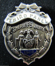 Load image into Gallery viewer, 1908 SHERRIF'S JURY Sterling Silver White Blue Enamel Pinback Medallion Pin
