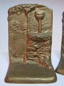 Antique Cast Iron LIONS HEAD FOUNTAIN Well Landscape Bookends Old Gold Paint