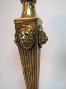 LIONS HEAD Brass Pair Decorative Arts Candlesticks Fluted 4 Sided Candle Holders