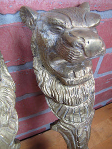 2 LION HEADS Old Cast Brass Architectural Hardware Elements Thick Solid Beasts