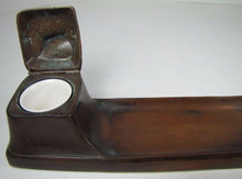 Load image into Gallery viewer, Antique Bronze Art Puppies Inkwell pair of detailed pups pen rest hinged lid
