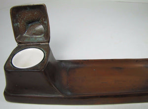 Antique Bronze Art Puppies Inkwell pair of detailed pups pen rest hinged lid