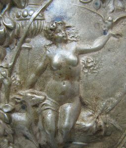 Antique Art Nouveau Nude Maiden Trinket Tray Bird in Hand Doe High Releif Beauty