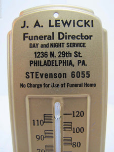 LEWICKI FUNERAL HOME DIRECTOR PHILADELPHIA Pa Old Advertising Thermometer Sign