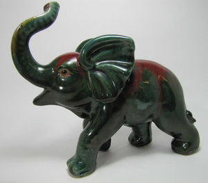 Old Art Pottery Elephant wonderful artwork green dp red glaze trunk up charging