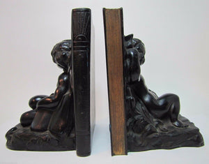 Antique Art Nouveau CHERUB CHILD FROG BUTTERFLY Bookends Decorative Art Statue