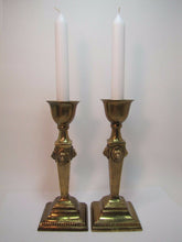 Load image into Gallery viewer, LIONS HEAD Brass Pair Decorative Arts Candlesticks Fluted 4 Sided Candle Holders
