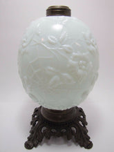 Load image into Gallery viewer, Antique 19c Victorian Milk Glass Spider Web Oil Lamp FG Co cast iron base ornate
