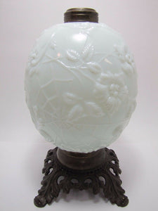 Antique 19c Victorian Milk Glass Spider Web Oil Lamp FG Co cast iron base ornate