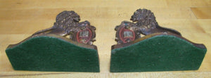 Antique Cast Iron LION Bookends Upright Crest Shield Decorative Art Statues