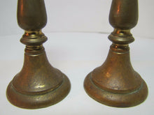 Load image into Gallery viewer, Antique Candlesticks small pair bronze brass fine details lovely old worn patina
