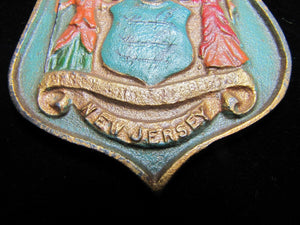 Old Cast Iron State of New Jersey Crest Plaque old paint nice detail throughout