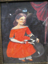 Load image into Gallery viewer, Girl in Red Dress with Black Cat Outsider Folk Art Watercolor Painting A. Romano
