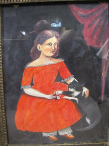 Girl in Red Dress with Black Cat Outsider Folk Art Watercolor Painting A. Romano