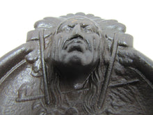 Load image into Gallery viewer, FLECK BROS INDIAN CHIEF Antique Cast Iron Advertising Tray PEACE PIPE TOMAHAWK
