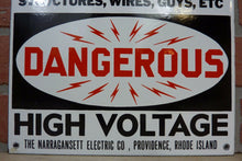 Load image into Gallery viewer, DANGEROUS HI VOLT NARRAGANSETT Elec Co PROVIDENCE RI Old Porcelain 2 Sided SignDANGEROUS HI VOLT NARRAGANSETT Elec Co PROVIDENCE RI Old Porcelain 2 Sided Sign
