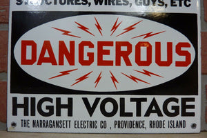 DANGEROUS HI VOLT NARRAGANSETT Elec Co PROVIDENCE RI Old Porcelain 2 Sided SignDANGEROUS HI VOLT NARRAGANSETT Elec Co PROVIDENCE RI Old Porcelain 2 Sided Sign