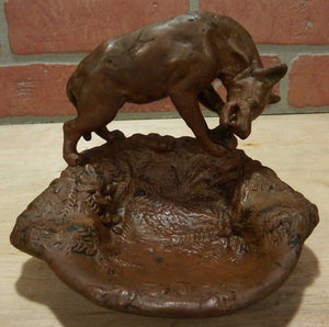 Antique PAUL HERZEL WOLF DOG CHEWING ON BONE Decorative Arts Tray Cigar Ashtray