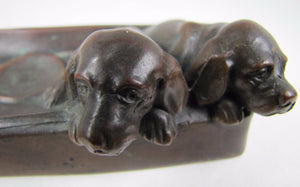 Antique Bronze Art Puppies Inkwell pair of detailed pups pen rest hinged lid