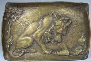 Antique Bronze Lion Decorative Art Tray Ornate High Relief Design Tree Landscape