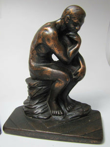 Antique Art Deco Cast Iron 'The Thinker' Figural Bookends copper wash ornate