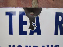 Load image into Gallery viewer, ELMS TEA ROOM Old Porcelain Sign 1st Four Mondays 645pm Restaurant Bakery Ad
