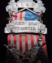 Load image into Gallery viewer, DAUGHTERS OF AMERICA D of A Antique Enamel Medallion Flag Ribbon Bible Pinback
