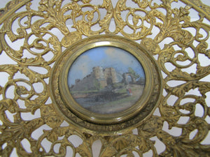 ANTIQUE Decorative Arts Brass COMPOTE Centerpiece Dish Painted ROG Medallion