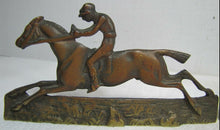 Load image into Gallery viewer, Vintage Jockey riding Horse Bookends brass copper wash ornate detailing rare htf
