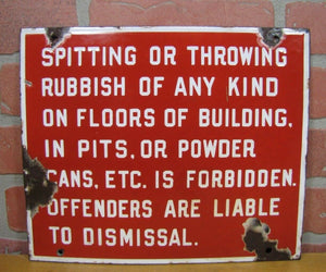 Orig Old Porcelain SPITTING OR THROWING RUBBISH FORBIDDEN Sign Industrial Shop