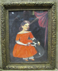 Girl in Red Dress with Black Cat Outsider Folk Art Watercolor Painting A. Romano