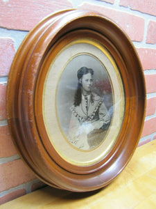 Antique Oval Wooden Frame Thick Detailed Prarie Girl Western Americana Maiden