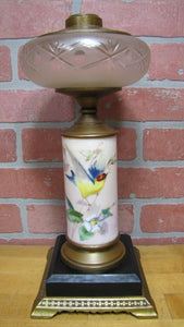 Antique Decorative Arts Hand Painted Bird Butterfly Flower Oil Lamp Brass Glass