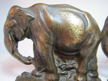 Load image into Gallery viewer, Grazing Elephants Bookends Old Cast Iron Pair Bronze Wash High Relief Detailed
