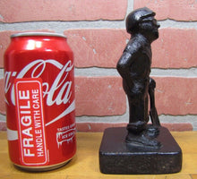 Load image into Gallery viewer, Old Cast Iron FOUNDRY WORKER COAL MINER Figural Doorstop Hat Goggles Shovel
