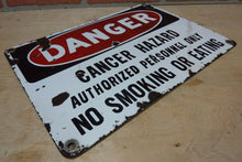 Load image into Gallery viewer, Orig Old Porcelain DANGER CANCER HAZARD Sign NO SMOKING OR EATING Unique Htf Adv
