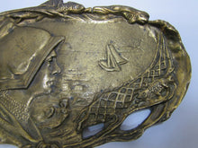Load image into Gallery viewer, MAIDEN BONNET SHIP OCEAN SUN FISH Old Brass Figural Decorative Arts Trinket Tray
