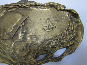 MAIDEN BONNET SHIP OCEAN SUN FISH Old Brass Figural Decorative Arts Trinket Tray